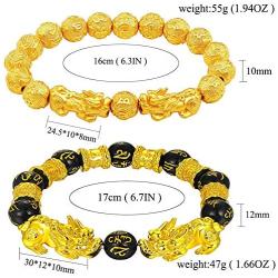 yfstyle 2 Pcs Feng Shui Black Obsidian Wealth Bracelet Elastic Gold Good Luck Bracelet 10mm/ 12mm Pi Xiu/ Pi Yao Beaded Bracelets for Women Men Jewelry Gifts