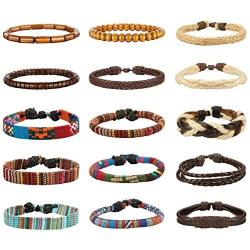 LOYALLOOK 15pcs Men Women Linen Hemp Cords Wood Beads Ethnic Tribal Bracelets Leather Wristbands