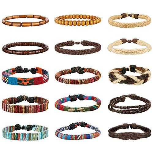 LOYALLOOK 15pcs Men Women Linen Hemp Cords Wood Beads Ethnic Tribal Bracelets Leather Wristbands