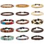 LOYALLOOK 15pcs Men Women Linen Hemp Cords Wood Beads Ethnic Tribal Bracelets Leather Wristbands