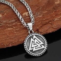 GuoShuang Nordic Viking Valknut Amulet Stainless steel Pendant Necklace for man and women -With Valknut Rune Gift Bag