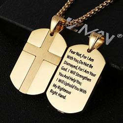 HZMAN Isaiah 41:10 Jewelry, Stainless Steel Cross Dog Tag Pendant Necklace Strength Bible Verse