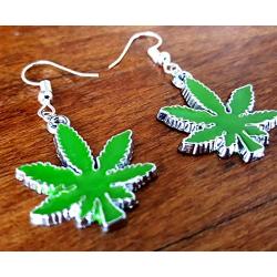 Pashal Marijuana Weed Pot Leaf Green Enamel Dangle Earrings