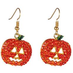 iWenSheng Halloween Pumpkin Earrings Red - Hypoallergenic Crystal Dangle Earring for Women Holiday Night Costume Jewelry Smiling Face Pumpkin Drop Earrings, Fun and Festive