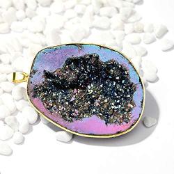 CXD-GEM Natural Agate Titanium Coated Crystal Geode Drusy Gemstone Pendant for Women Hand-Wrapped Pendant for Jewelry