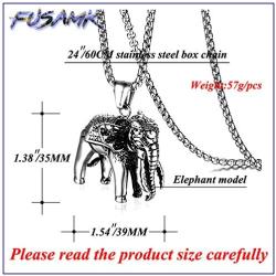 Fusamk Punk Titanium Steel Animal Elephant Pendant Necklace,24'' Box Chain