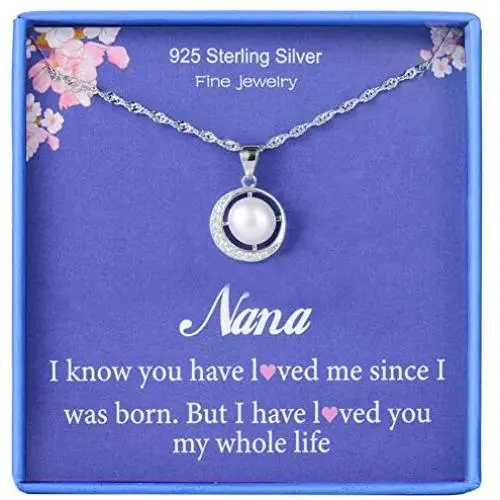 Nana Gifts Grandmother Necklace 925 Sterling Silver Single Pearl Pendant Moon Crystal CZ Cubic Zirconia Crystal Jewelry Grandma Nanna Birthday Mothers day Gift