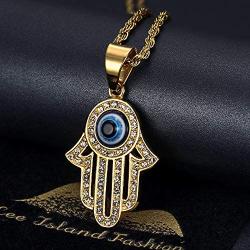 Lee Island Fashion 24K Gold Plated Simmulated Diamond CZ Fully 3D Blue Evil Eye Beads Fatima Hamsa Hand Egyptian Protection Pendant Stainless Steel Necklace, 24 Inch Chain Jewelry