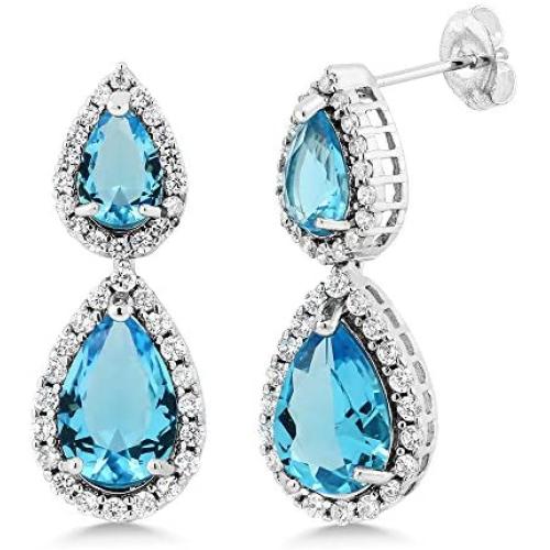 Gem Stone King Beautiful Double Pear Shape Simulated Blue Topaz Cubic Zirconia Dangle Earrings