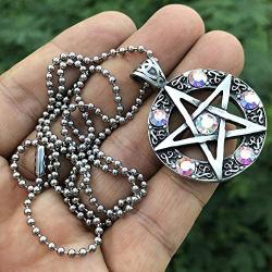 Wicca Jewelry Celtic Pentagram Pentacle Star AB Crystal Gem Wiccan Pagan Witch Magic Healing Protection Amulet Pewter Mens Womens Pendant Necklace Charm for Men Women Silver Ball Chain