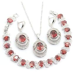 GZJY Red Cubic Zirconia Women Jewelry Set Silver Color Bracelet Earrings Necklace Pendant Jewelry