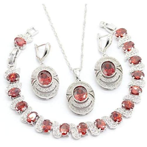 GZJY Red Cubic Zirconia Women Jewelry Set Silver Color Bracelet Earrings Necklace Pendant Jewelry