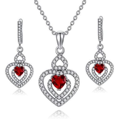 RMREWY 925 Sterling Silver Heart Jewelry Set Women Love Heart Pendant Necklace Earrings Set Valentines Day Gift for Bridal Jewelry Set or Formal Event Costume Jewelry