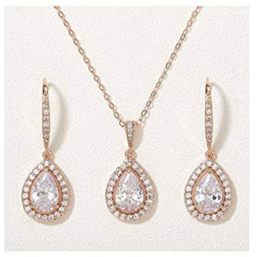 SWEETV Crystal Teardrop Wedding Jewelry Sets for Brides Birdesmaids, Rhinestone Cubic Zirconia Bridal Backdrop Necklace and Earrings Jewelry Sets for Women, Prom Costume Jewelry