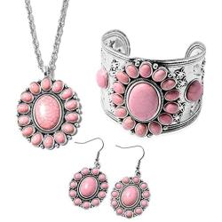 Shop LC Stainless Steel Silvertone Oval Pink Howlite Flower Statement Cuff Earrings Pendant Necklace Prom Jewelry Sets for Women Mothers Day Gifts