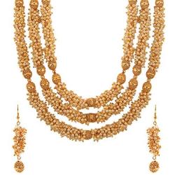 Efulgenz Fashion Indian Bollywood 14 K Gold Plated Faux Pearl Bridal Multi Layered Statement Necklace Earrings Jewelry Set