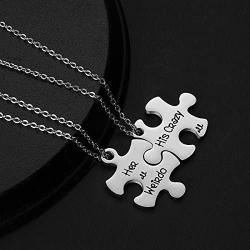 omodofo Valentines Day His and Hers Puzzle Piece Pendant Necklace KeyChain Set Personalized Couples Stamped Chain Keyring