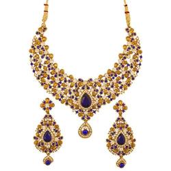 Touchstone Indian Bollywood Traditional Floral Theme White Rhinestone and Blue Faux Sapphire Bridal Designer Jewelry Necklace Set for Women in Antique Gold Tone