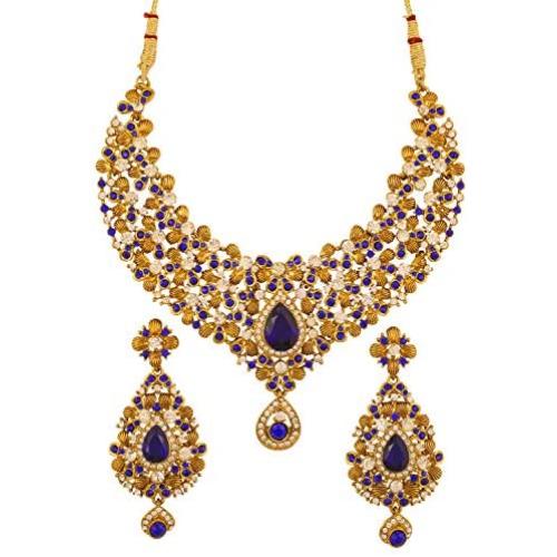 Touchstone Indian Bollywood Traditional Floral Theme White Rhinestone and Blue Faux Sapphire Bridal Designer Jewelry Necklace Set for Women in Antique Gold Tone