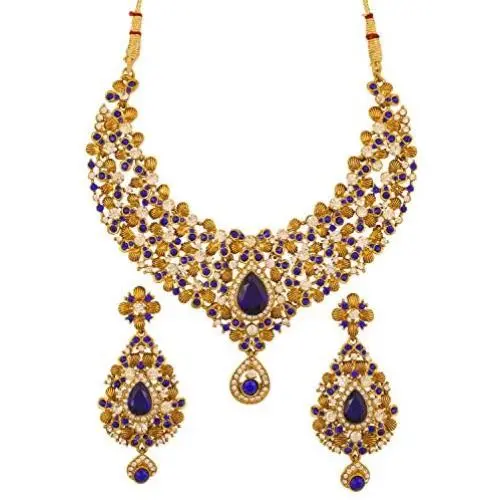 Touchstone Indian Bollywood Traditional Floral Theme White Rhinestone and Blue Faux Sapphire Bridal Designer Jewelry Necklace Set for Women in Antique Gold Tone