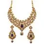 Touchstone Indian Bollywood Traditional Floral Theme White Rhinestone and Blue Faux Sapphire Bridal Designer Jewelry Necklace Set for Women in Antique Gold Tone