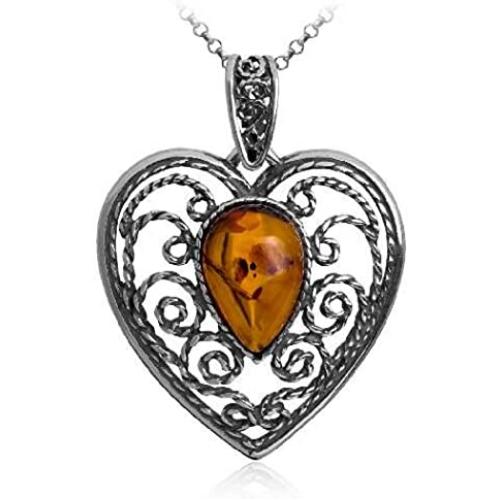 Sterling Silver Amber Heart Necklace 18 Inches