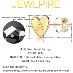 Jewlpire 925 Sterling Silver Heart Initial Stud Earrings for Girls Women - 18K Gold Plated Handmade Dainty Letter Earrings Hypoallergenic Initial Earrings for Kids Child Toddler Birthday Jewelry Gift