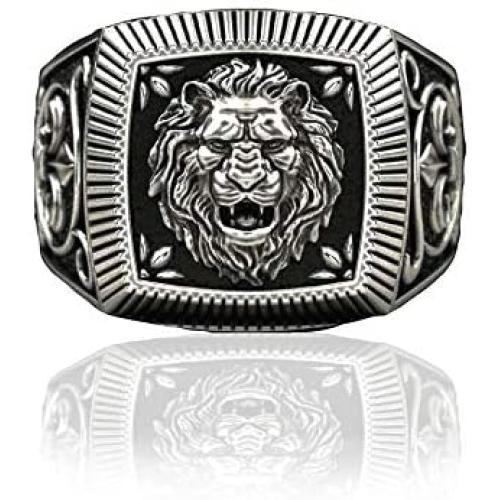 Lion Head Ring for Men, Norse Viking Roaring Lion Ring Vintage Engraved Carved Band Rings, Punk Hip Hop Lion Signet Ring, Lion Totem Amulet Ring, Gothic Animal Lion Jewelry Gift for Men Boys