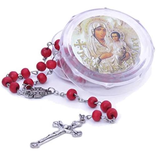 Zuluf Red Rose Scented Wood Rosary Beads Christian Catholic Holy Rosary Beads Cross Necklace | Rose Smell Rosary Petal Red Rare Carved Beads & Silver Plated Cross from Jerusalem Holy Land | ZROS009