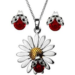 DianaL Boutique Beautiful Silvertone Daisy Flower Ladybug Pendant Necklace and Earrings Stud Set 18'' Stainless Steel Chain Gift Boxed Fashion Jewelry