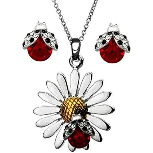 DianaL Boutique Beautiful Silvertone Daisy Flower Ladybug Pendant Necklace and Earrings Stud Set 18'' Stainless Steel Chain Gift Boxed Fashion Jewelry DianaL Boutique Beautiful Silvertone Daisy Flower Ladybug Pendant Necklace and Earrings Stud Set 18'' Stainless Steel Chain Gift Boxed Fashion Jewelry