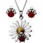 DianaL Boutique Beautiful Silvertone Daisy Flower Ladybug Pendant Necklace and Earrings Stud Set 18'' Stainless Steel Chain Gift Boxed Fashion Jewelry