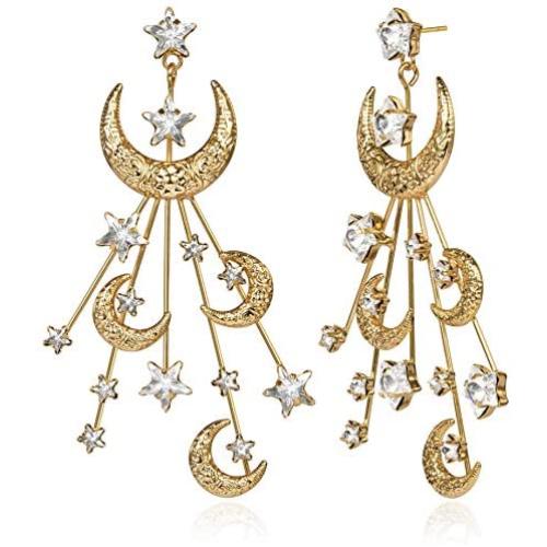 Star Moon Earrings Made Swarovski Crystal Gold Plated Crescent Moon Stars Drop Dangle Mothers Day Couples Gifts Mom Gold Moon Earrings for Women