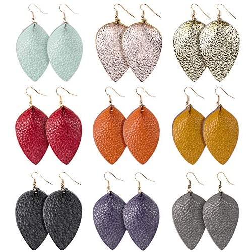 Genuine Leather Earrings Lightweight Teardrop Earrings - Handmade Leaf Dangle Antique Looking Petal Summer Earrings Set for Women Girls, 9 Pairs Random Color