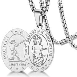 FaithHeart Saint Sebastian Necklace, Stainless Steel Patron Saint of Athletes, Christian Protective Medallion for Baseball Football Basketball Sports with 24 Inch Chain