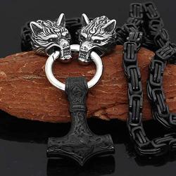 GuoShuang Men Stainless Steel Wolf Head Norse Viking Amulet Thor Hammer Pendant Necklace Viking King Chain
