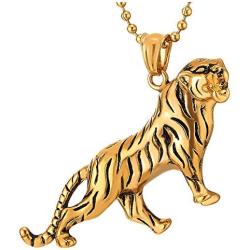 COOLSTEELANDBEYOND Mens Womens Stainless Steel Roaring Tiger Pendant Necklace, Gold Black, 30 inches Ball Chain, Unique