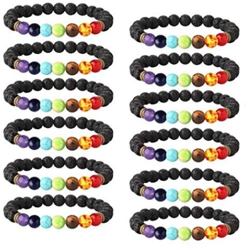 LOYALLOOK 6-12PCS Lava Stone Bracelet Chakras Bead Natural Stone Bracelet Oil Diffuser Bracelet