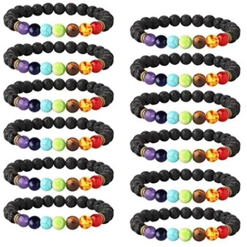 LOYALLOOK 6-12PCS Lava Stone Bracelet Chakras Bead Natural Stone Bracelet Oil Diffuser Bracelet