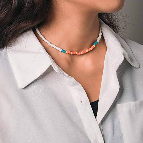 Bomine Boho Choker Necklace Bead Necklaces Chain Short Chains Jewelry for Women and Girls (White-Rainbow)