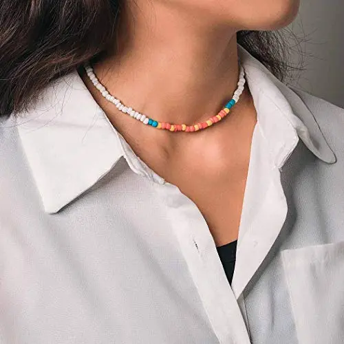 Bomine Boho Choker Necklace Bead Necklaces Chain Short Chains Jewelry for Women and Girls (White-Rainbow)