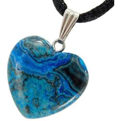 Steampunkers USA Big Heart Collection - 20mm Classic Blue Crazy Lace Agate Black - 20-22 inch Black Cord – Crystal Gemstone Carved Necklace Charm Handmade