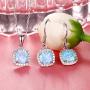 EVER FAITH 925 Sterling Silver CZ Blue Opal Gemstone Cushion Cut Halo Pendant Necklace Earrings Set
