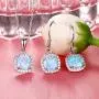 EVER FAITH 925 Sterling Silver CZ Blue Opal Gemstone Cushion Cut Halo Pendant Necklace Earrings Set