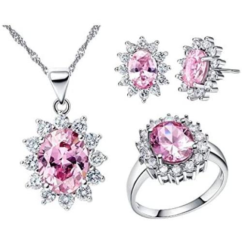 Uloveido Women Jewelry Necklace Earrings and Ring Set with Cubic Zirconia Crystals T466