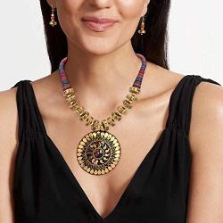 Zephyrr Hand Crafted Fashion Tibetan Beaded Pendant Long Necklace Earrings Set for Women Casual Junk Jewelry