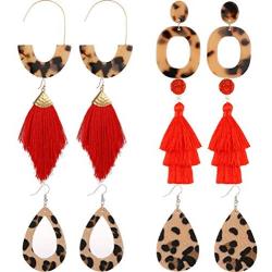 XIJIN 6 Pairs Tassel Earrings for Women Girls Bohemian Red Tassel Dangle Earrings Statement Acrylic Earrings Set