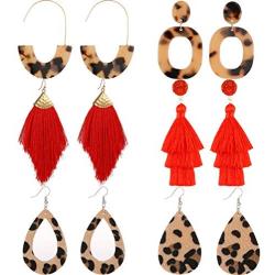 XIJIN 6 Pairs Tassel Earrings for Women Girls Bohemian Red Tassel Dangle Earrings Statement Acrylic Earrings Set