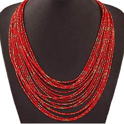 Necklace / 20 Layers Bib Statement Collar Glass Beaded Choker Necklace Fashion Jewelry For Women (Red)