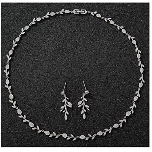 SWEETV Cubic Zirconia Wedding Jewelry Sets for Brides Birdesmaid, Crystal Leaf Vine Bridal Earrings and Necklace Set for Women, Gifts